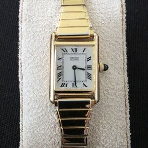 VTG Seiko 1400-5039 Slim Tank Gold Tone Watch 17mm White Dial Roman Numeral RUNS